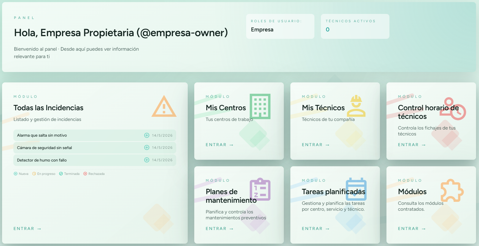 Panel de control de SeibiX con módulos de incidencias, técnicos y control horario