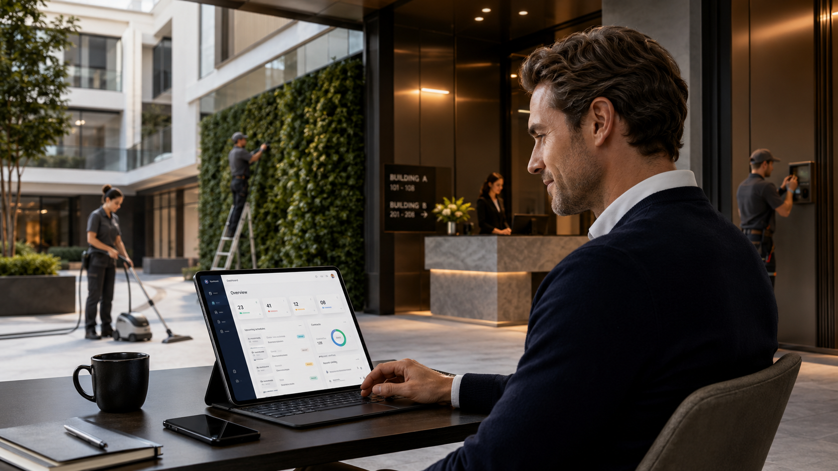 Responsable consultando el panel de SeibiX en una tablet en un edificio de oficinas