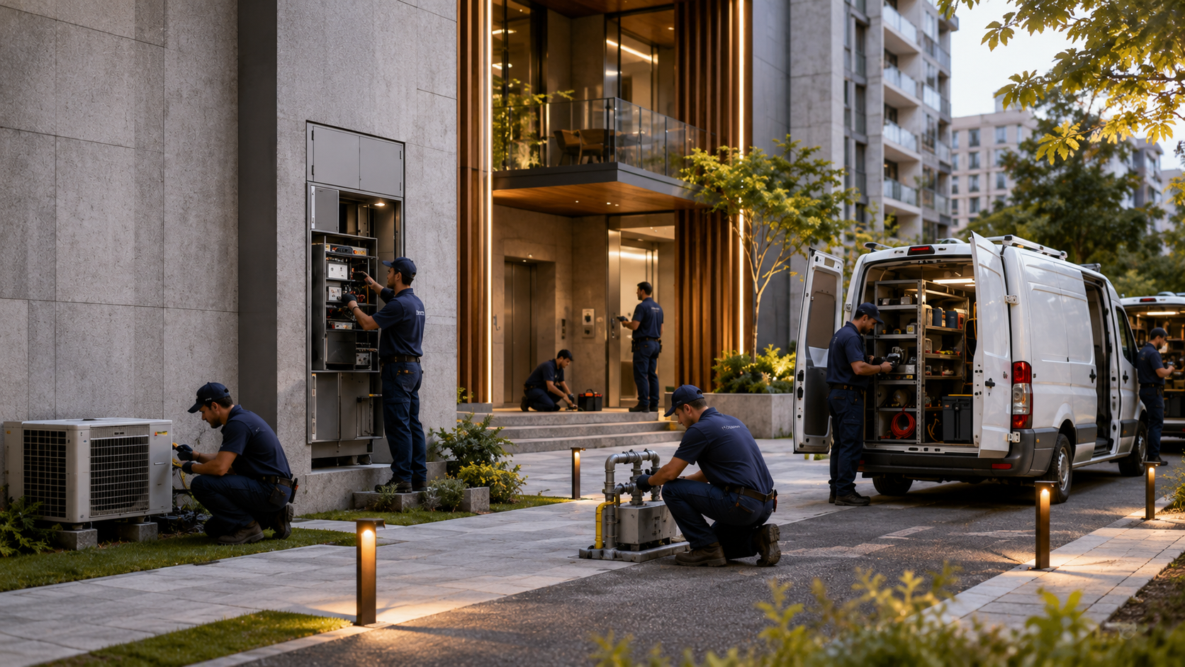 Técnicos de mantenimiento y SAT trabajando en las instalaciones de un edificio
