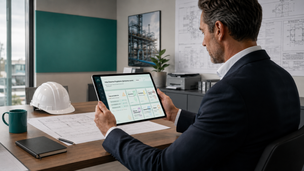 Gerente de empresa de mantenimiento revisando el panel de SeibiX en una tablet