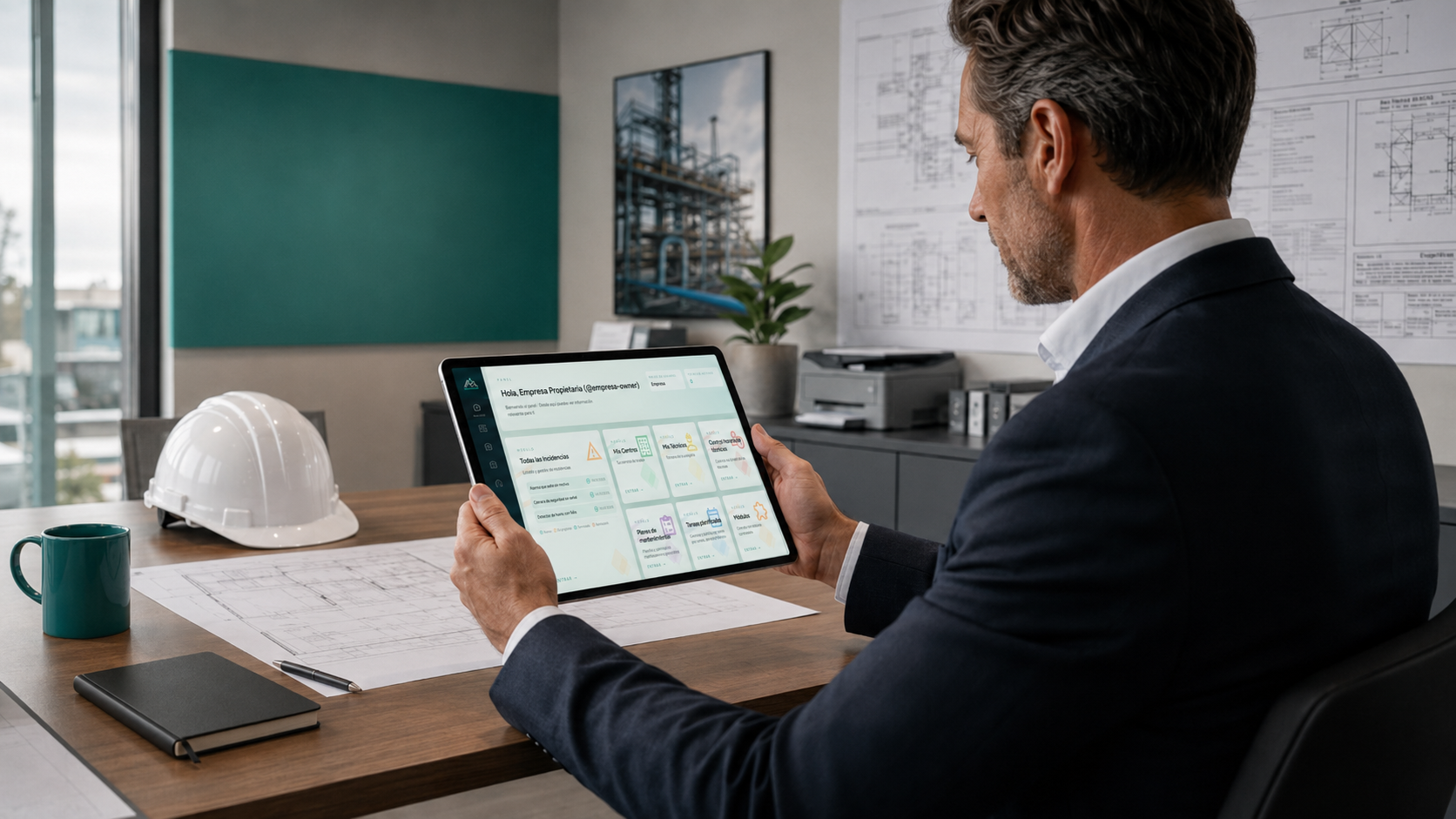 Gerente de empresa de mantenimiento revisando el panel de SeibiX en una tablet