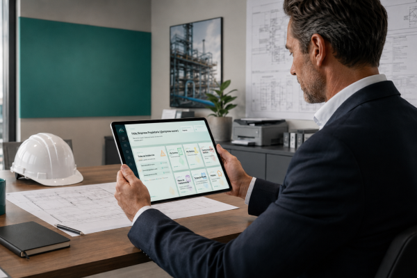 Gerente de empresa de mantenimiento revisando el panel de SeibiX en una tablet